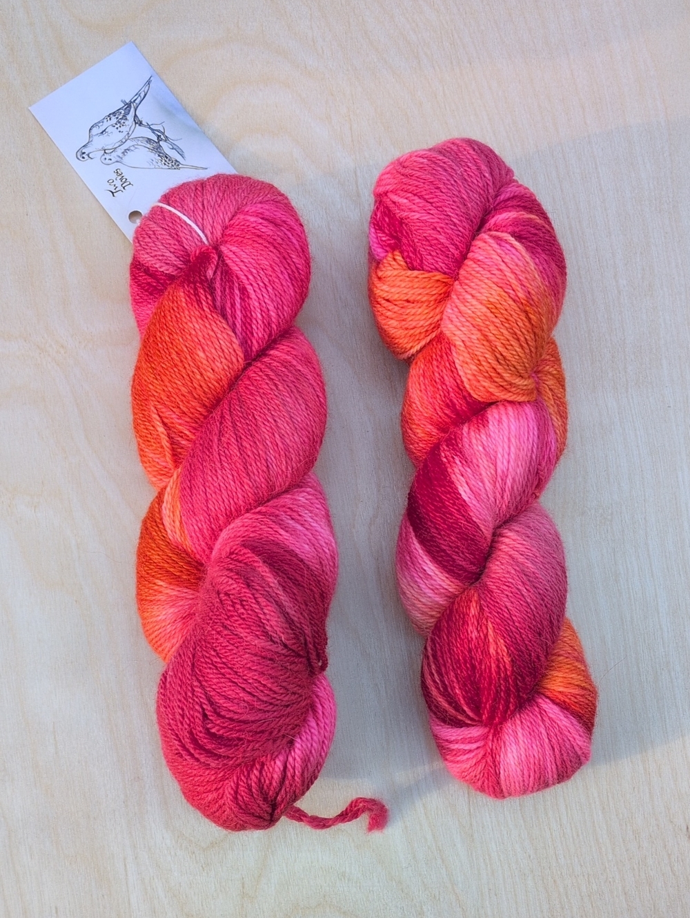 2 Skeins Hand-Dyed Two Doves Pink  Red Orange Alpaca Yarn, Sport Weight